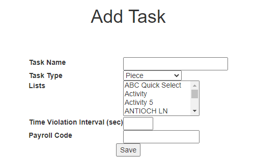 Add Task box showing fields for Task Name, Task Type, Lists, and Payroll Code