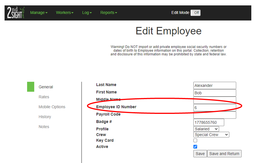 Edit Employee General Screen with red circle around employee identification number
