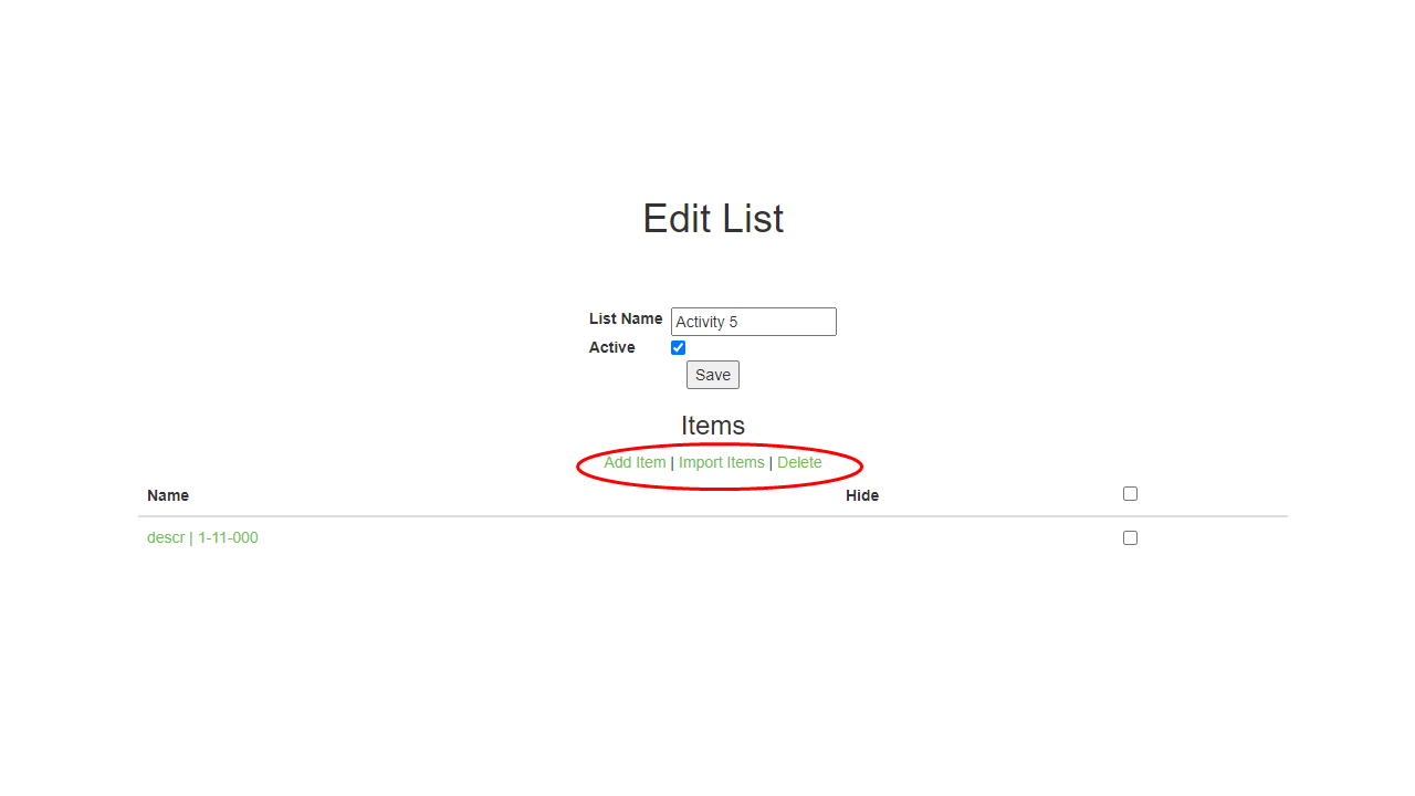 Edit List box showing how to Add, Import or Delete List Item