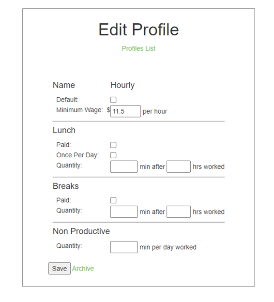 Edit Profile box with default option and minimum wage and break information