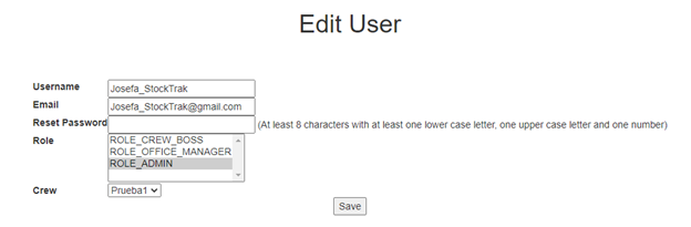 Edit User box with User Name, Email, Password, Role and Crew information