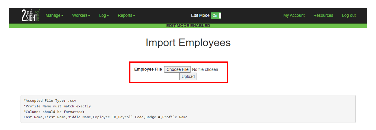 Import Employees screen with upload file box highlighted