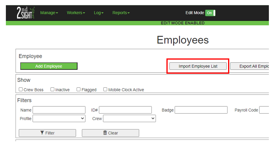 Employee screen with Import Employee List highlighted