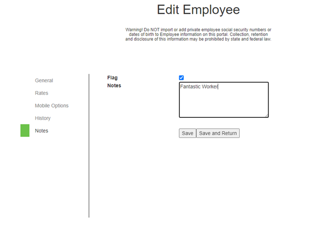 Edit Employee screen showing Notes feature active