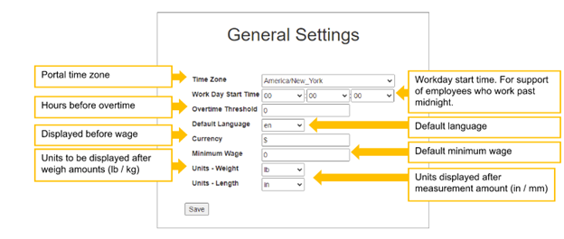 General settings box with field explanations