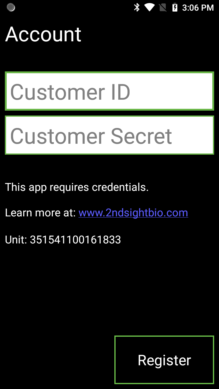 Customer ID and Secret Screen