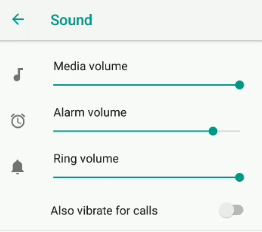 Settings Sound Settings showing Media, Alarm, and Ring volume bars